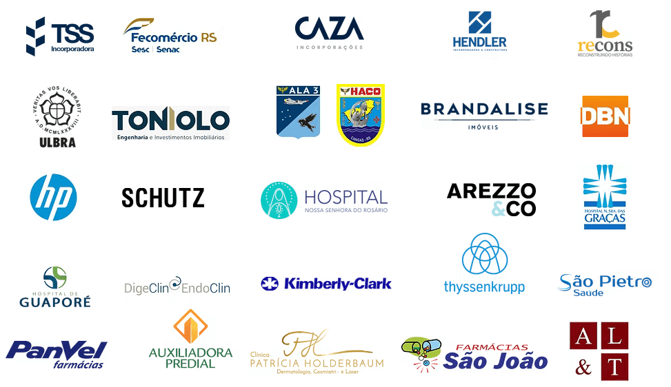 Logos de clientes da A3: Hospital Nossa Senhora das Graças, São Pietro Saúde, Panvel, Farmácias São João, Ulbra, Fecomércio RS, Sesc, entre outros