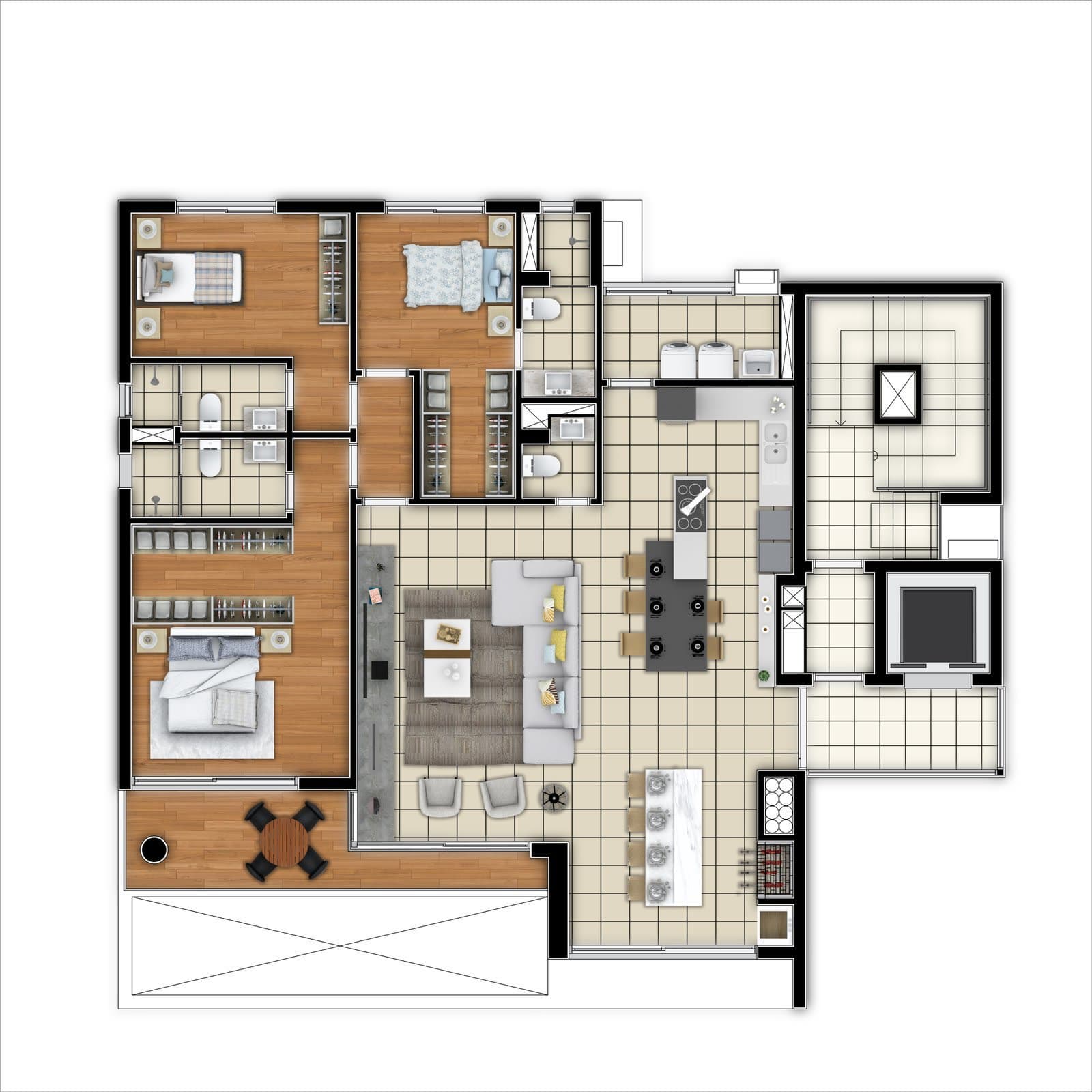 Planta humanizada de apartamento do TSS Imperador, projeto da A3